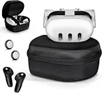 Carry case features interior compartments to hold the Meta Quest 3 headset and controllers, while additional pocket can accommodate smaller accessories such as charging cable, adapter.